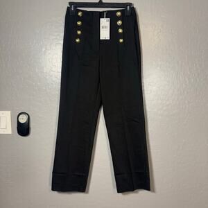 Mango Straight Cropped Trousers with Jewel Buttons, Black, 2